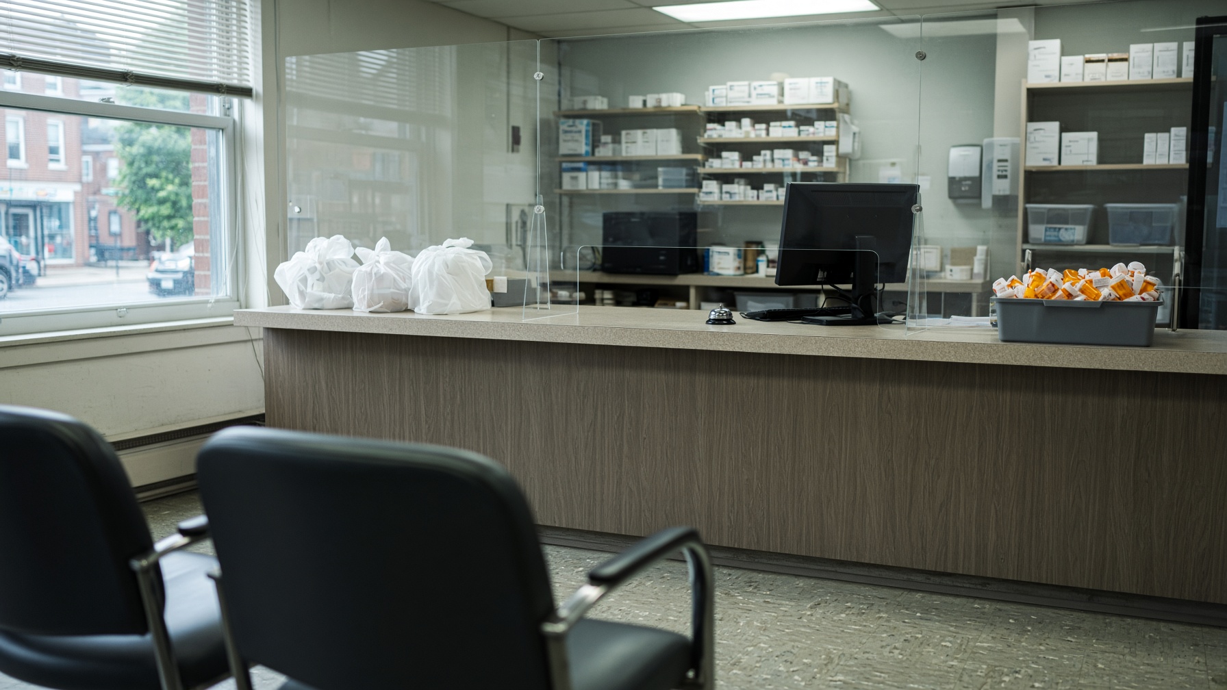 Pharmacy counter with wooden cabinetry, computer, and a pharmacist at the bench