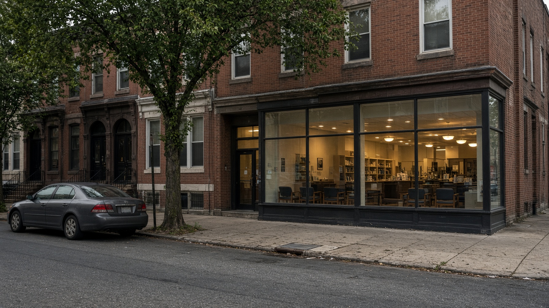 LN Pharmacy storefront at dusk, cream awning and hanging sign on Lansdowne Avenue